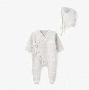 Elegant baby kimono jumpsuit and pom pom bonnet